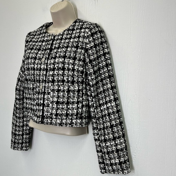 H&M - NWT Boucle Black And White Plaid Silver Button Lined Jacket Size XS - Picture 6 of 14